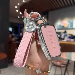 Compatible with Toyota Key Fob Cover with Keychain, Pink Genuine Leather Crystal Key Case Protection Shell for 2018-2022 Camry R