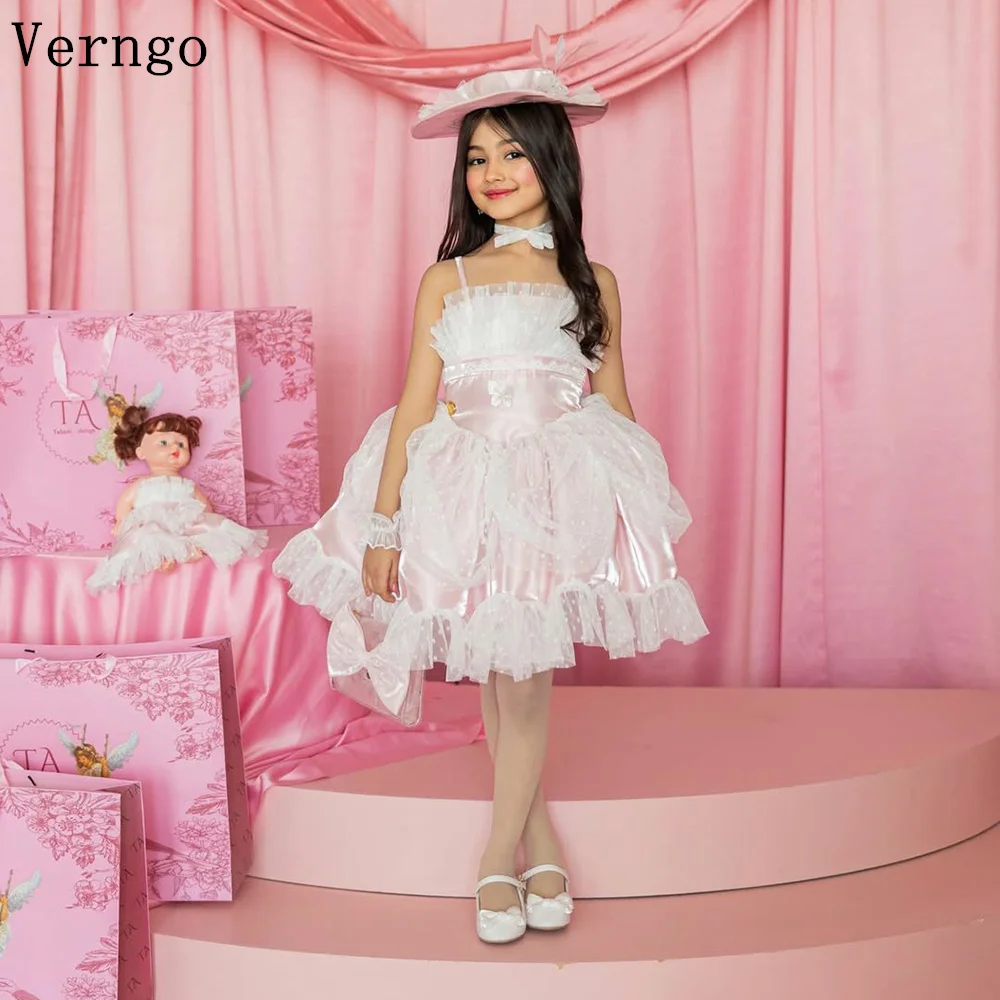 

Verngo lvory Satin Kid Birthday Party Dress Spaghetti Straps A Line Pleated Girl Flowers Dress Princess Kid Gown Customized