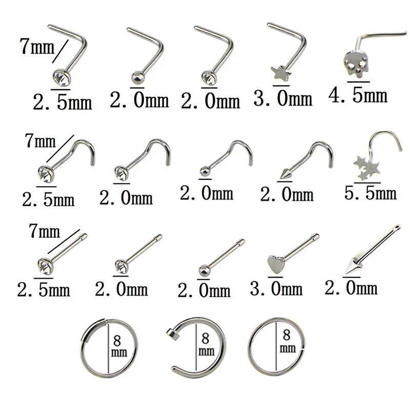 21 قطعة/المجموعة كريستال الأنف هوب الدائري العظام بار دبوس الغضروف ثقب ترصيع المجوهرات #2