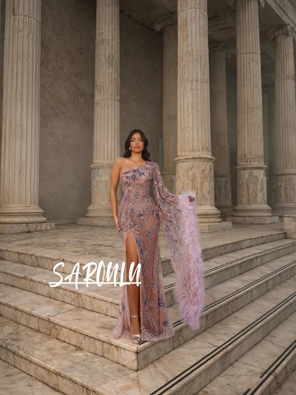 

Dazzling Beaded Floral Evening Dress Charming One Shoulder Customized Prom Gown With High Slit Formal Galas Party Women Wear
