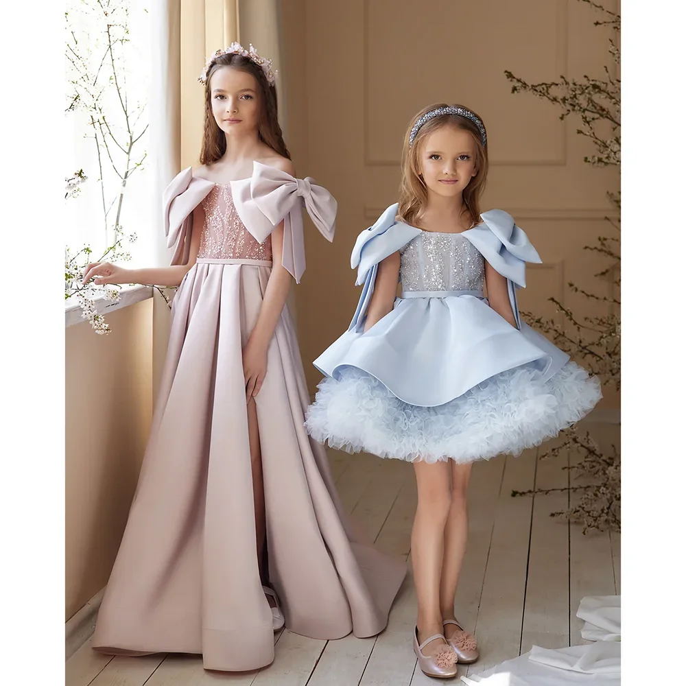 Requintado miçangas lantejoulas mini vestidos da menina moda o-pescoço plissado vestidos de baile com arco chique pageant festa de casamento crianças vestidos