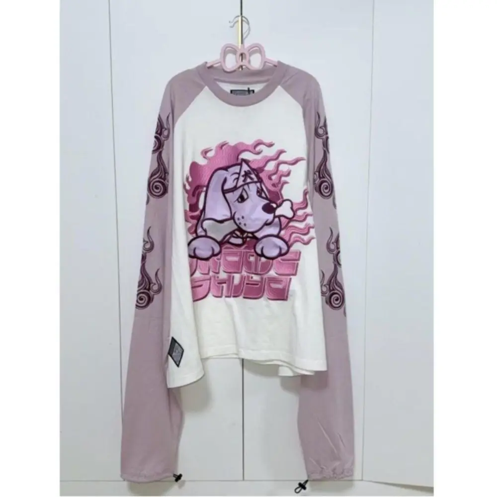 Y2K Harajuku Long Sleeve T Shirt Women Pink Purple Raglan Sleeve Cartoon Ghost Dog Foam Print Loose Fit Casual Daily Outfit