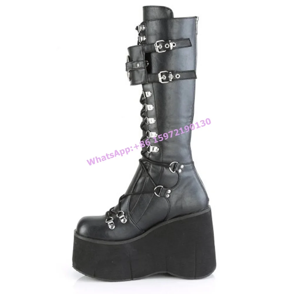 Thick Soled Metal Ring Boots Platform Round Toe Buckle Strap Cross Tied Shoes Ladies Rock Style Gothic Fire Knee High Boots