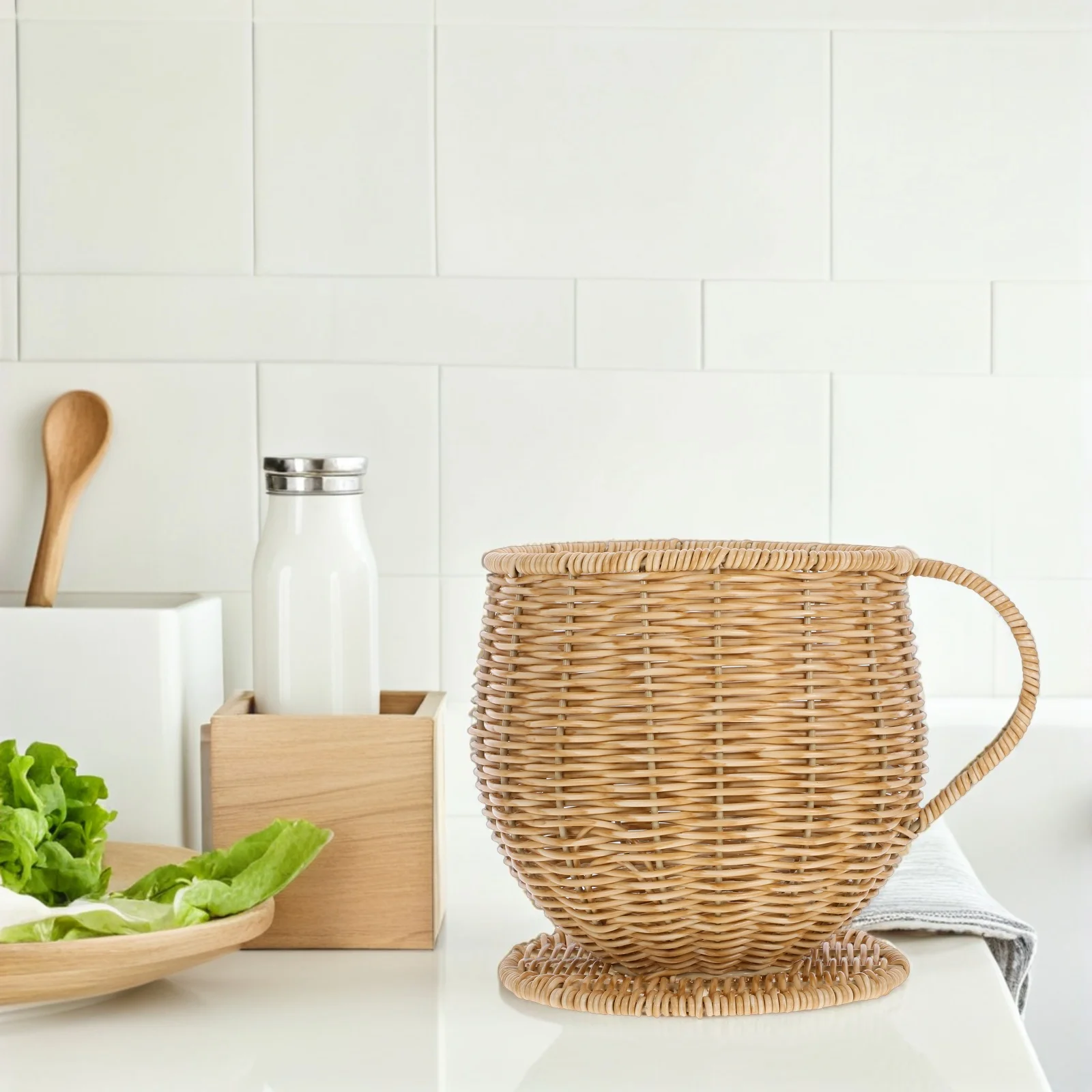 

Handwoven Imitation Rattan Storage Basket Flat Woven Organizer for Coffee Capsules Dry Fruits Eggs Durable PVC Wicker Pantry