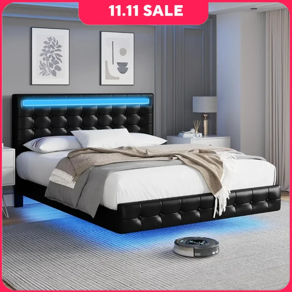 

Full Bed Frame with LED Lights, Floating Upholstered Headboard, Adjustable Height, Noise-Free Metal Frame, Bed Frame