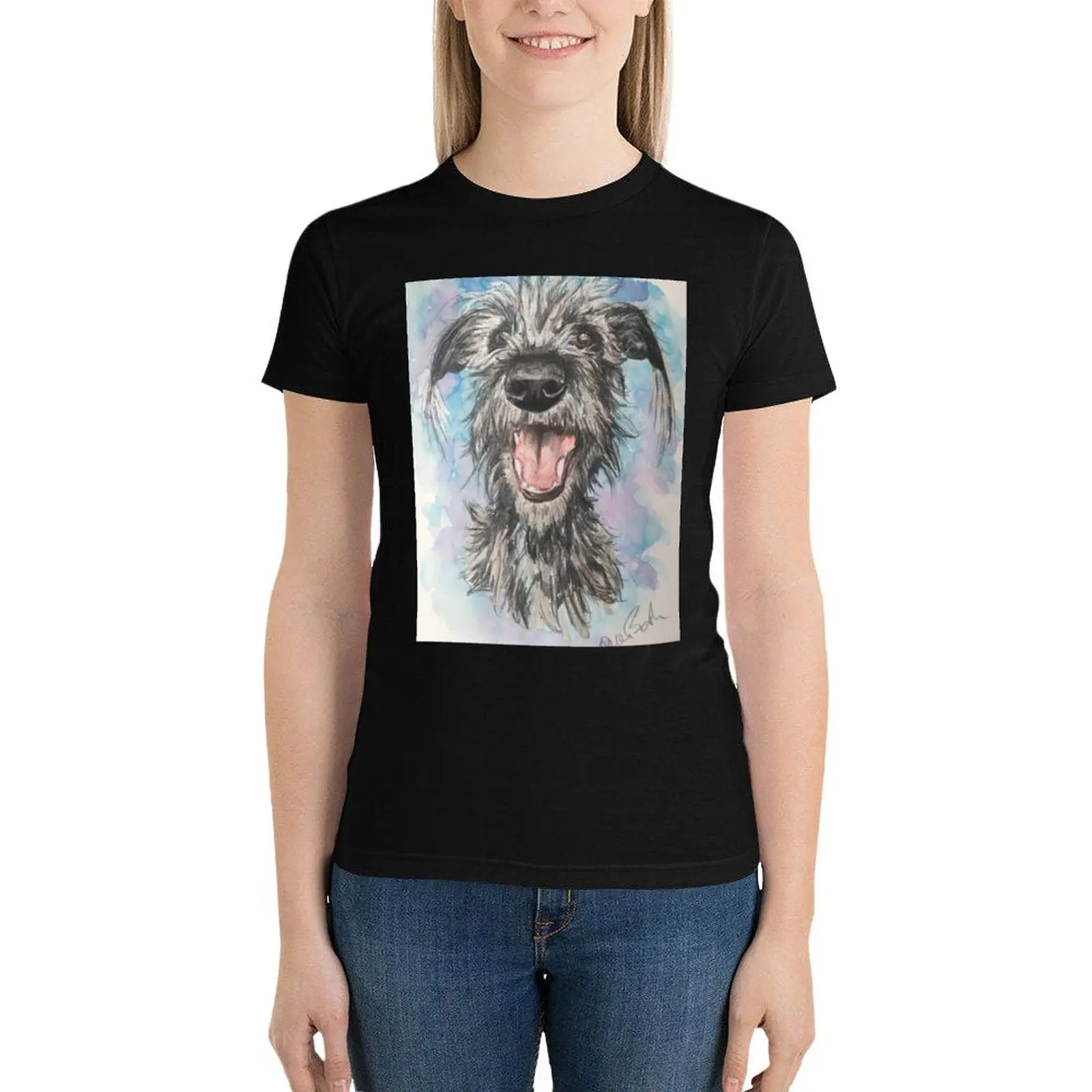 Scruffy Lurcher, watercolour background T-Shirt plus size tops lady clothes hippie clothes Woman fashion