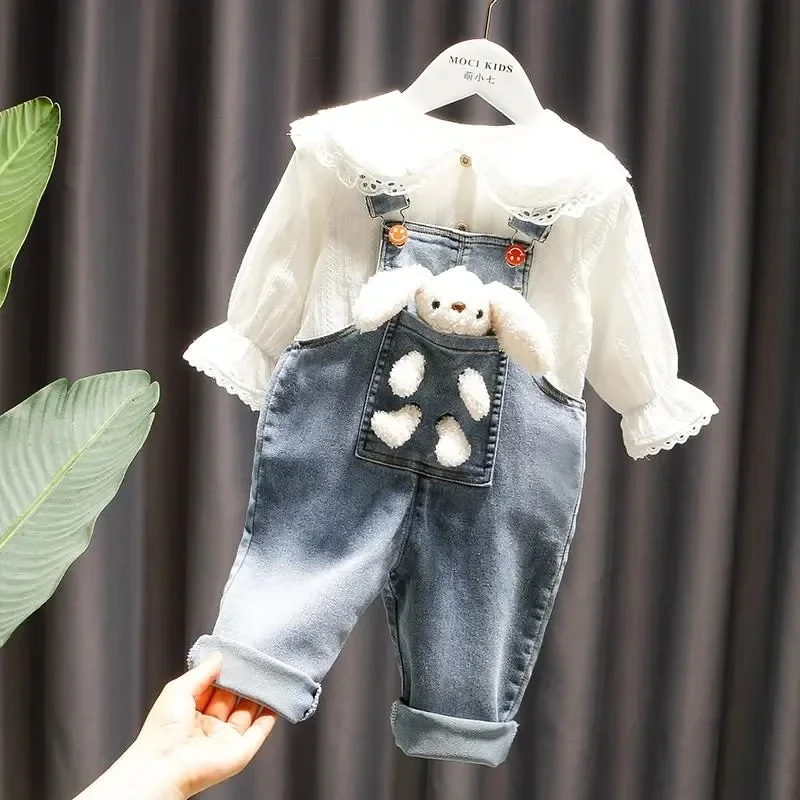 Girls bib suit jeans shirt 2-piece suit girl baby trousers cute girl shirt 2024 new spring and autumn clothes