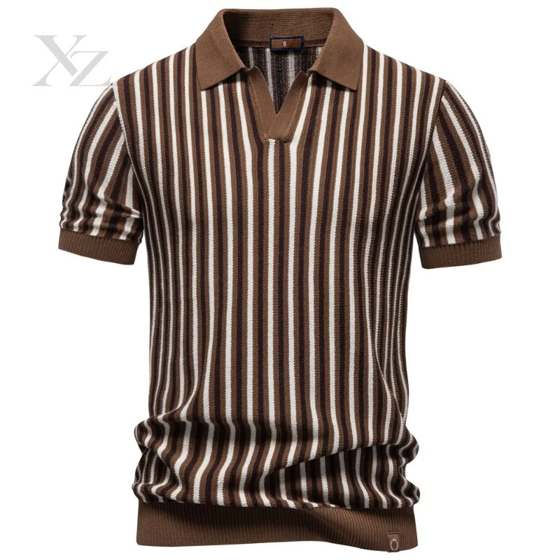 Opening Sale |Men's Striped Knitted Polo Shirt Summer Short Sleeve V-Neck Casual Business Tops