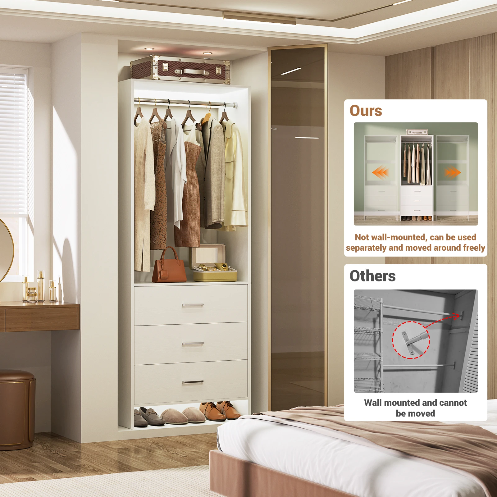 Aheaplus 2FT Narrow Closet System with 3 Wooden Drawers, 23.7
