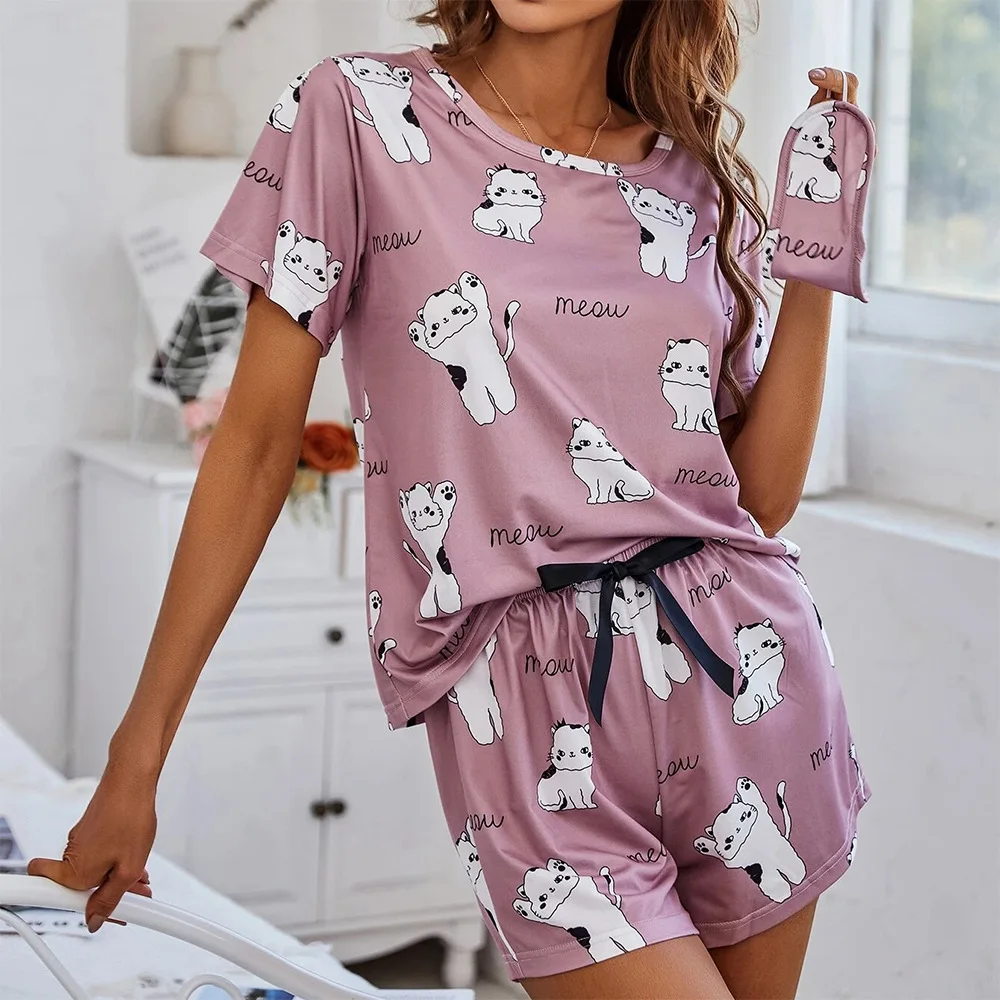 Damen-Pyjama-Set mit Cartoon-Druck, kurzärmelig, T-Shirt, Shorts, Nachtwäsche, 2-teiliges Set für Damen, lässig, Rundhalsausschnitt, belüfteter Anzug