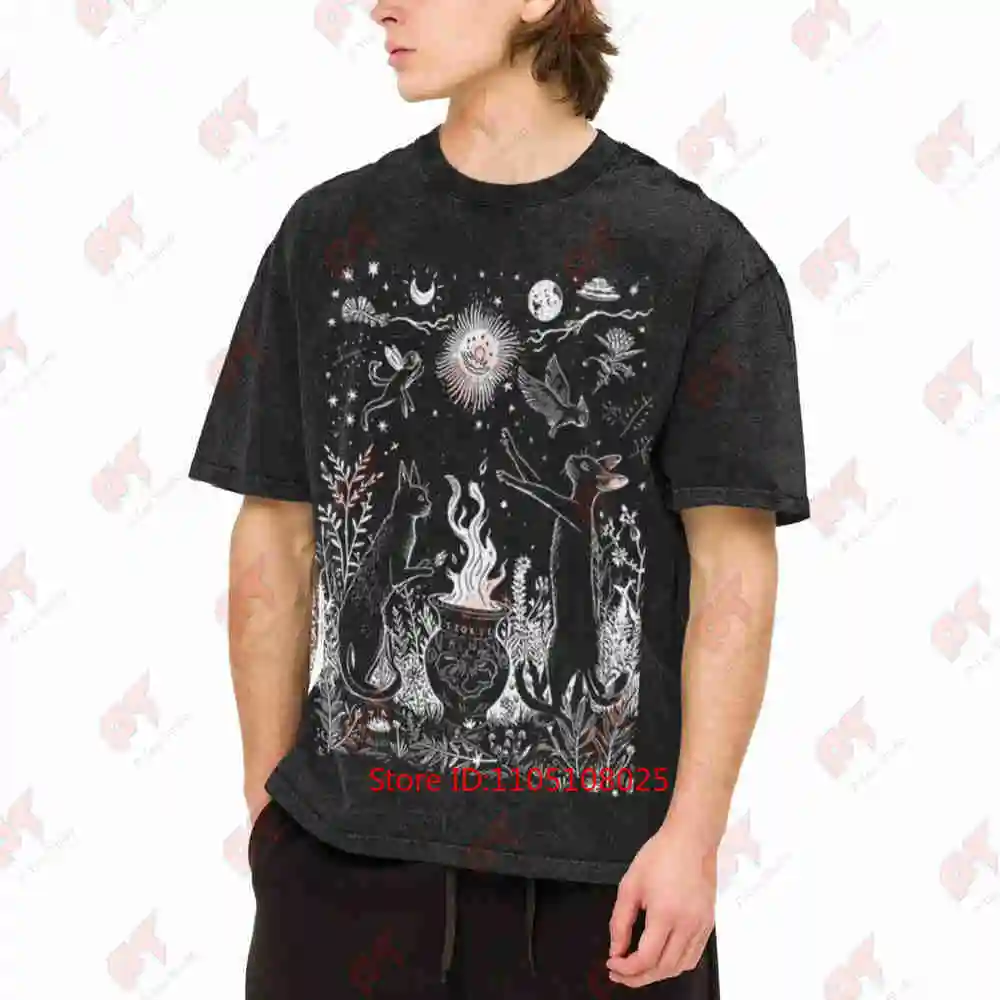 Celestial Cat Witchy Folk Art Linocut Dark Cottagecore Vintage Washed Tee Pure Cotton T-Shirt
