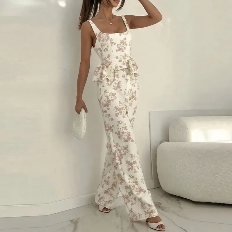 

Summer Women's Suit 2 Piece Set Ruffle Square Neck Camisole Matching Pastel Blue Sleeveless Top Cropped Peplum Vest with Wide