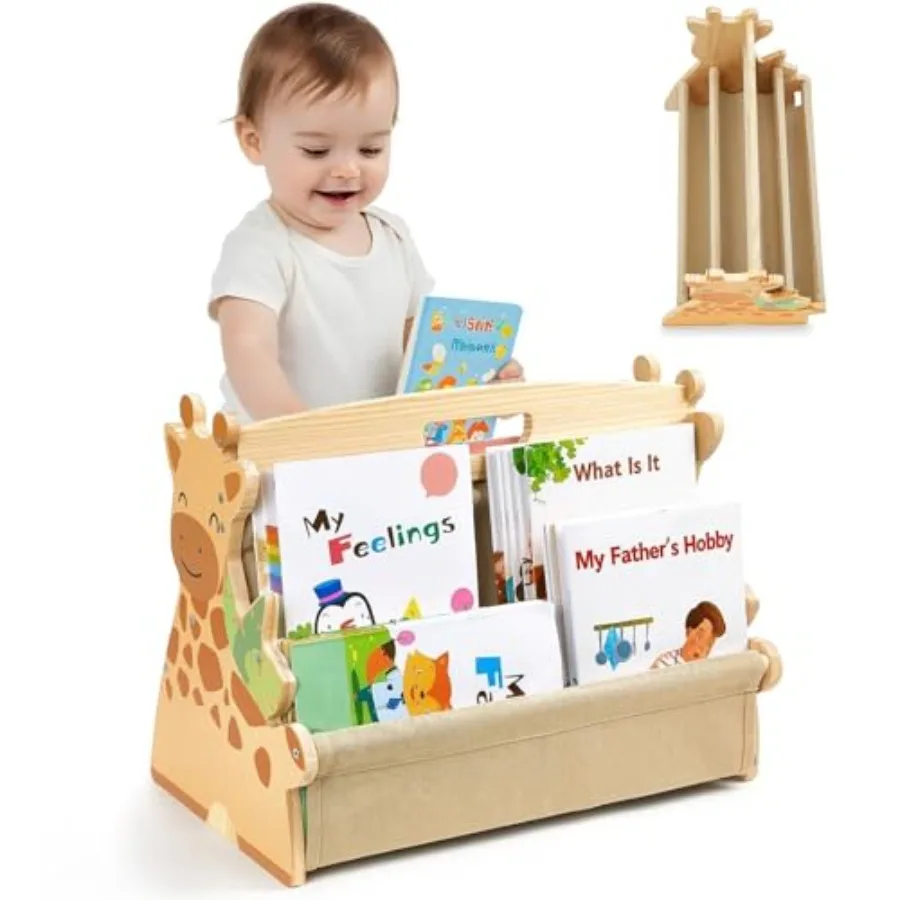 

Toddler Bookshelf Double-Sided with 4 Tier Deep Sleeves Wooden Montessori Book Rack for Baby Nursery Room Playroom Classroom or