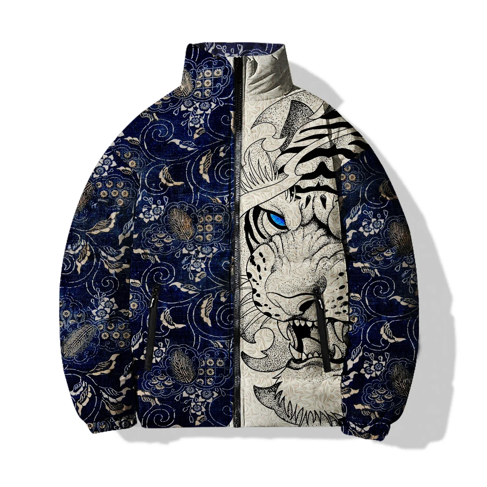 Men\'s Winter Cotton Coat Men\'s Casual Jacket Blue Eyes White Tiger and Black Panther Print Cotton Coat Mens Clothing Jackets Man