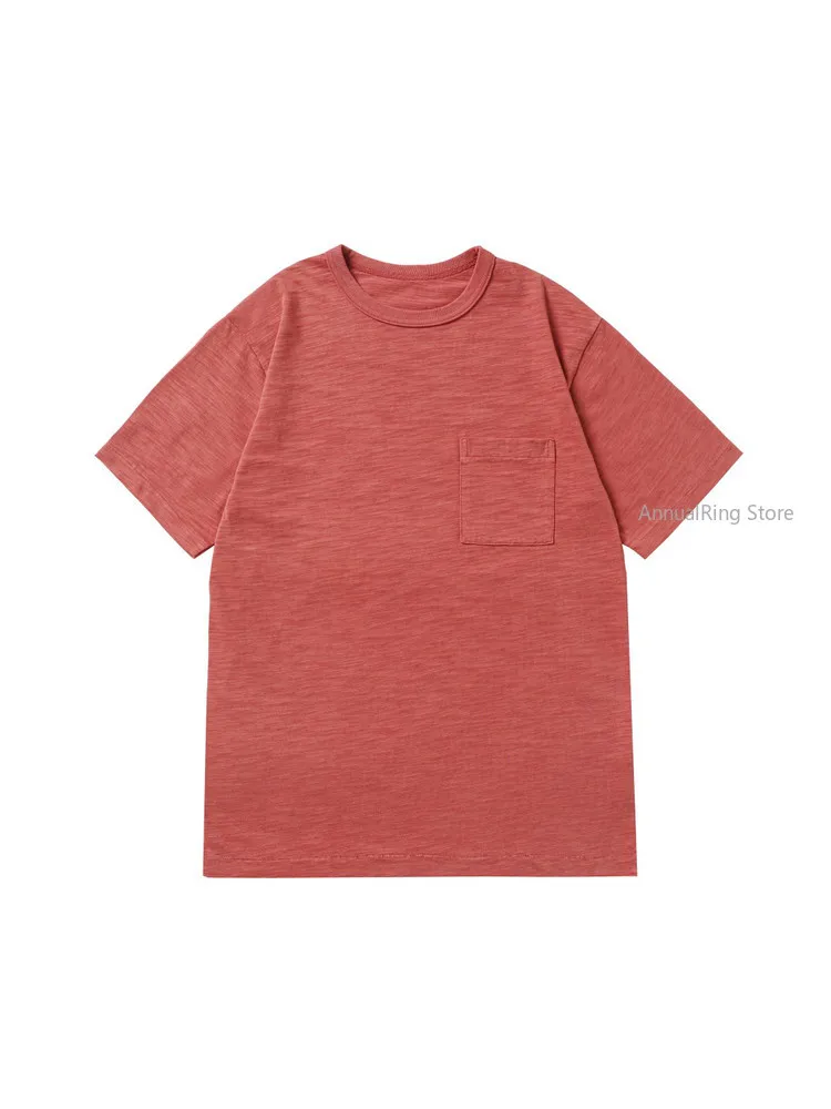 Men American Vintage Slub Cotton Washed Distressed Watermelon Red Pocket Short Sleeve T‑Shirt Basic Top
