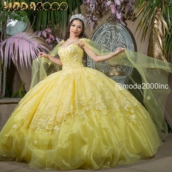 EVLAST Customized Yellow Quinceanera Dress Ball Gown Lace Applique Beading Crystal Cape Sweet 16 Vestido De 15 Anos TQD931