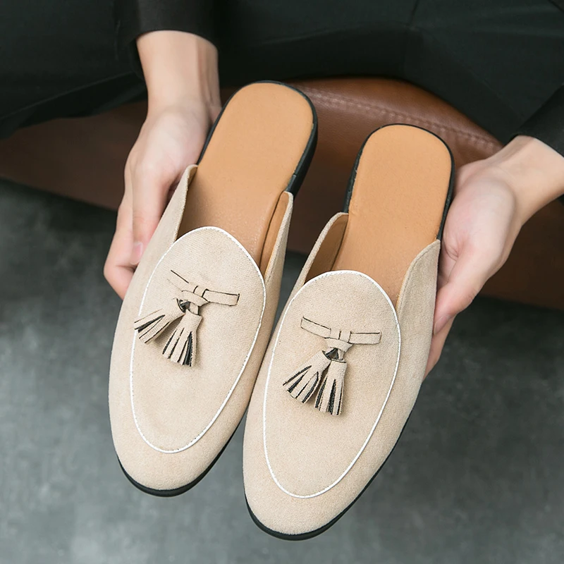 Suede Leather Tassel Mules Men Half Shoes For Man Summer Fashion Designer Shoes Men\'s Luxury Zapatillas Hombre Casual Slip On