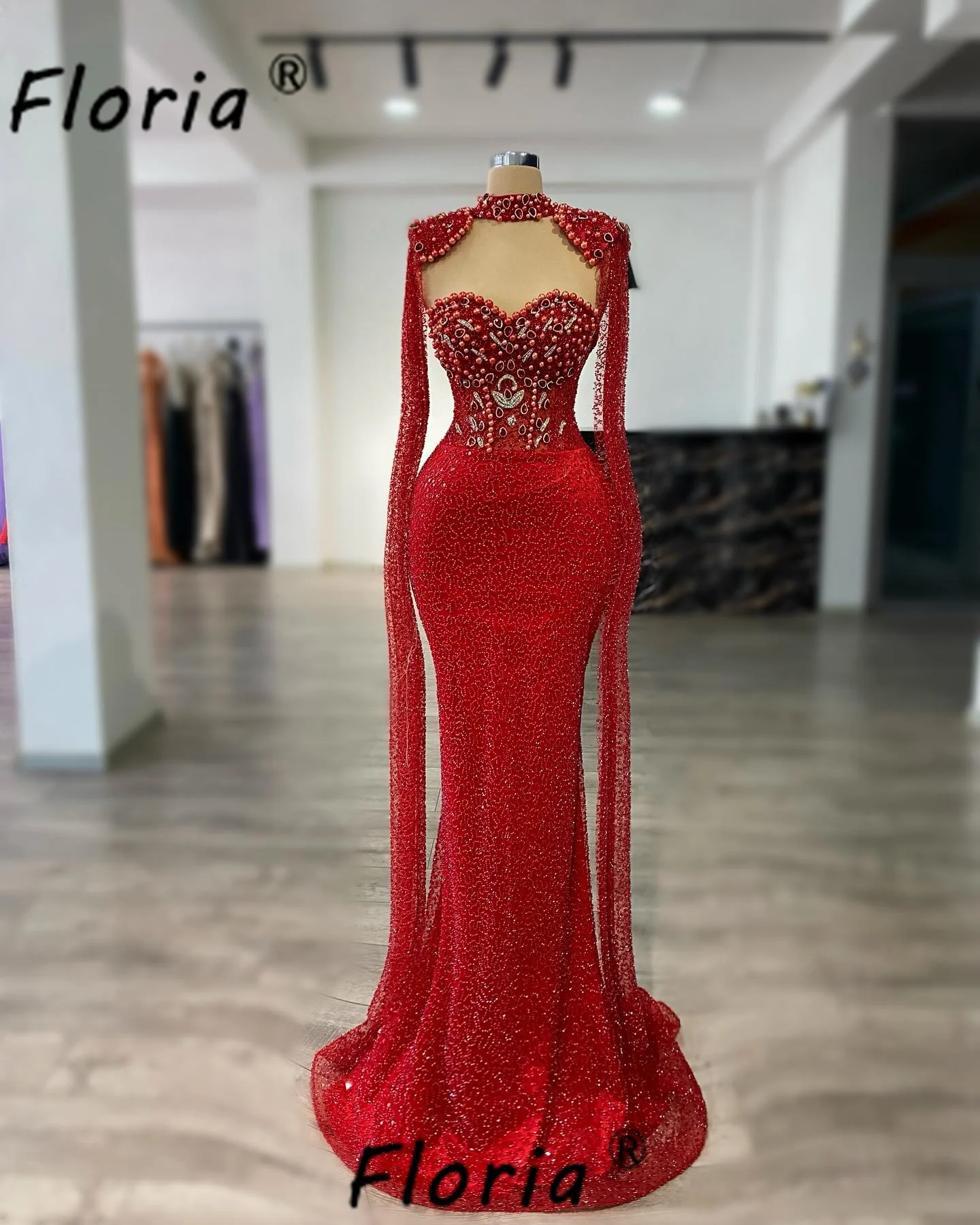 Red Beads Couture Mermaid Evening Dresses With Long Tassel Sleeve Shiny Stones Pearl Celebrity Party Gowns Wedding Guest Robes