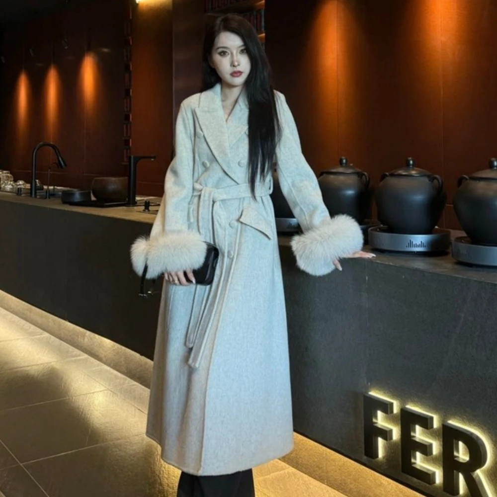 OFTBUY Women's Long Wool Coat Double Breasted Belted Waist Woolen Clothing Female Winter Warm Elegant Trench Style Outerwear