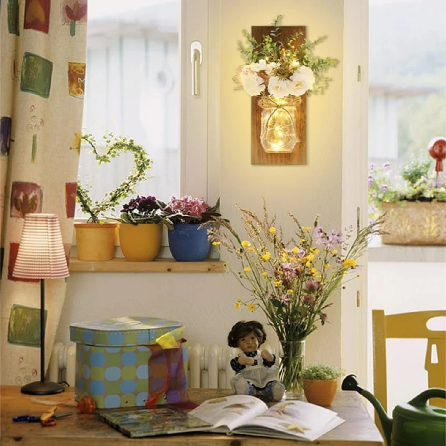 Elegant Set of Two Hanging Farmhouse Wall Decor Mason Jar Sconces with Remote Control LED Fairy Lights - Beautiful White Roses,