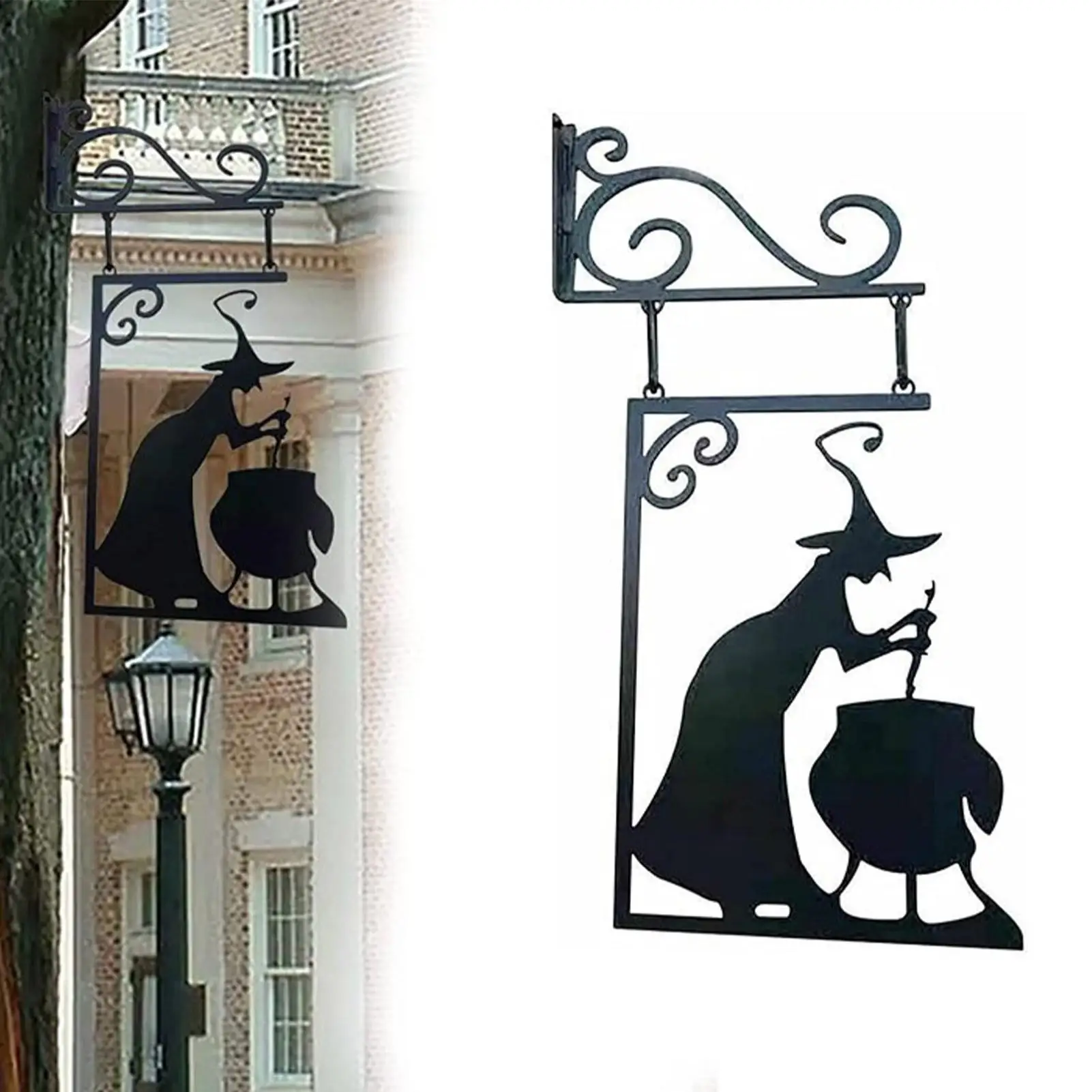 Metal Witch Sign Witch Boiler Silhouette Wall Mural Spooky Mysterious Witch Hanging Signage Horror Hangable Sculptures Ornament