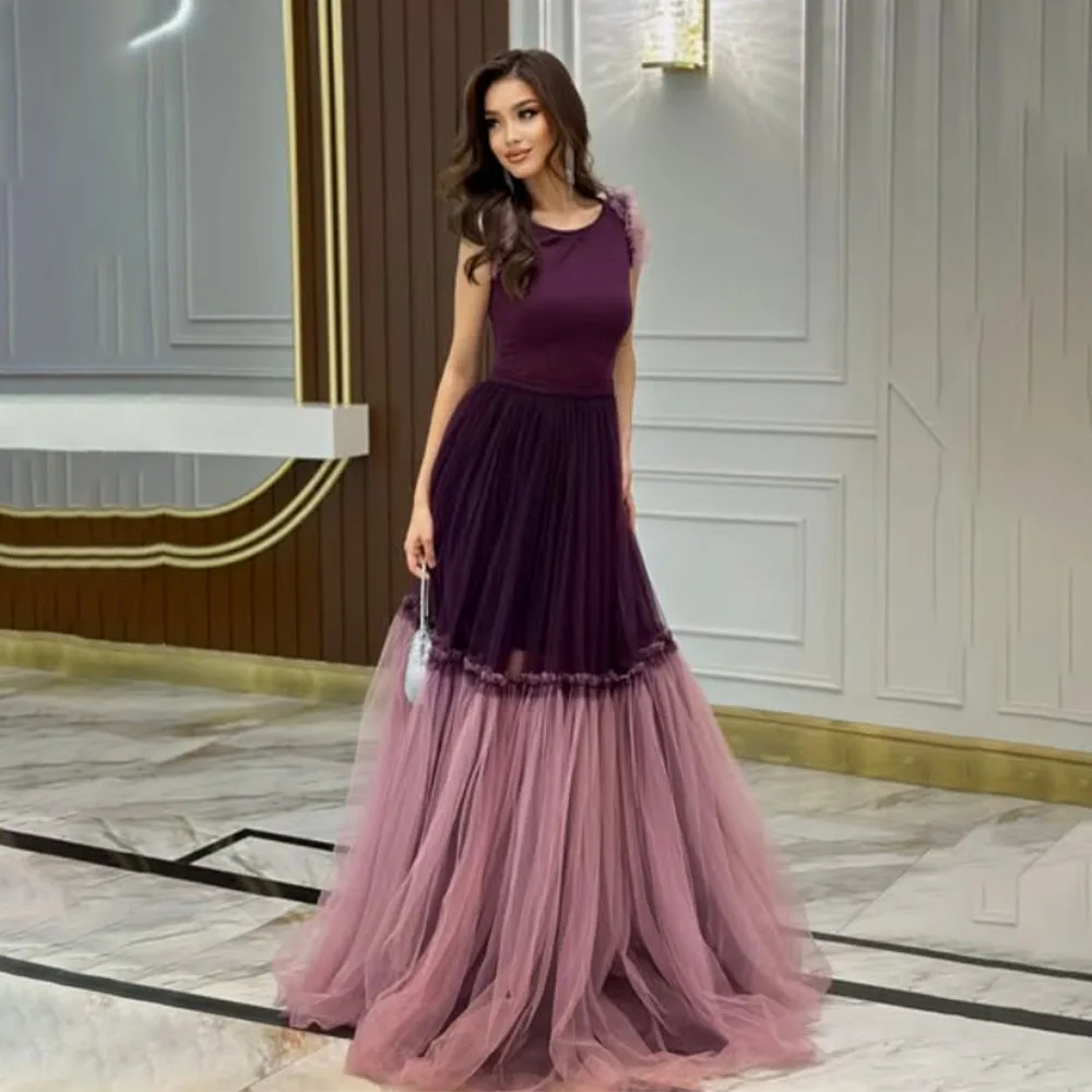

High Quality Customized O-neck Floor Length Tulle Stain Wrinkle Sleeveless Purple Women Vestido De Festa De Casamento Prom