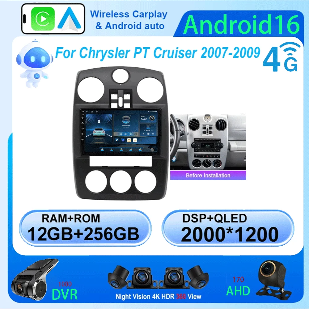 Android 16 For Chrysler PT Cruiser 2000-2010 2 Car Multimedia Player Din Radio Stereo GPS Navigation Head Unit Autoradio Carplay
