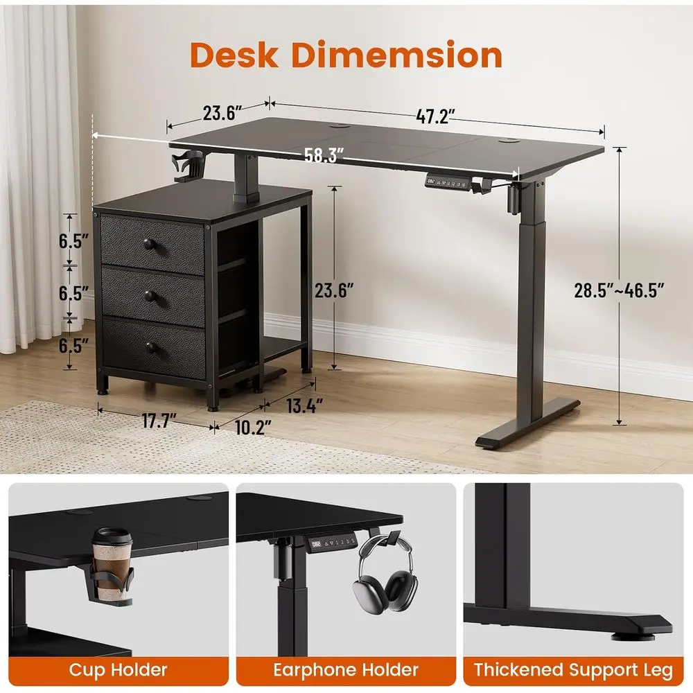 47 Inch Black Electric Height Adjustable Standing Desk | Dual Motor Sit-Stand with 3 Memory Presets, Printer Cabinet, Hooks & Ca