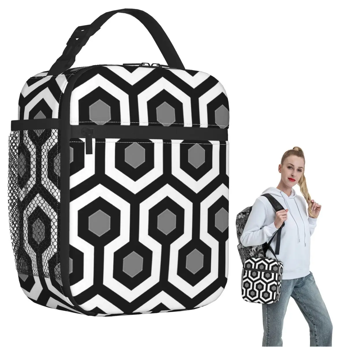 

Geometric Pattern Looped Hexagons Kerry Insulated Lunch Bag for Women Kids Portable Food Boxes Thermal Lunch Box Tote