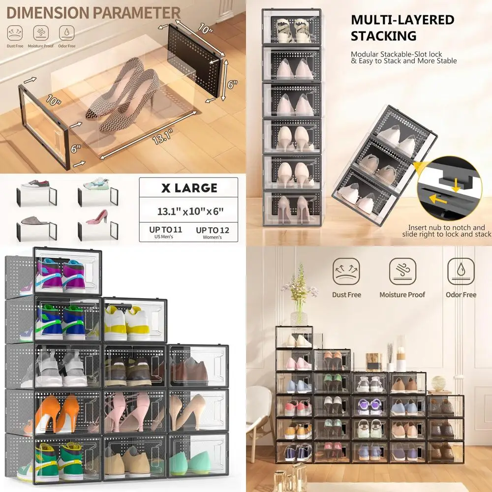 

XL Shoe Organizer Set of 12, Clear Stackable Plastic Shoe Boxes for Closet, Space-Saving with Lids, Black