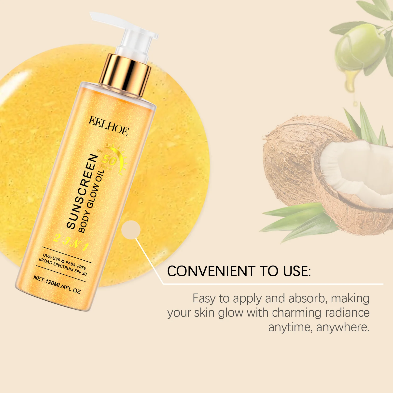 

Eelhoe Spf50 Golden Body Sunscreen Oils No Sticky Deep Moisturize Even Skin Tone Oil Control Full Coverage Sunscreen Serum 120ml