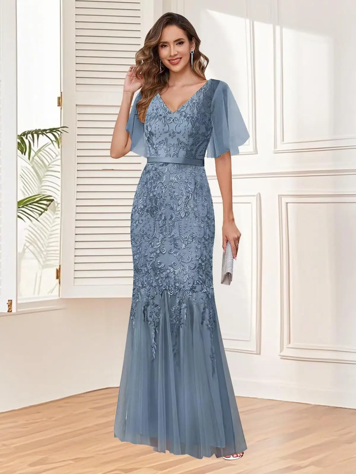 

Customized Lace Appliques Mermaid Mother Of The Bride Dresses For Wedding Short Sleeves V Neck Chiffon Formal Prom Evening Gowns