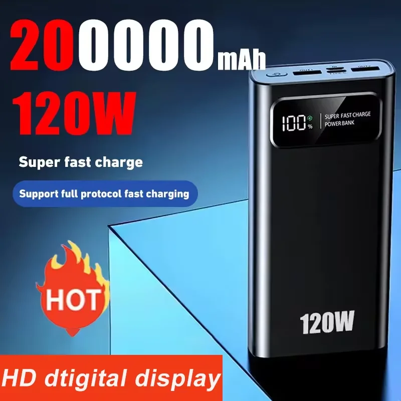 200000mAh 120W Power Bank Super Fast Charging Battery High Capacity Digital Display Power Bank For Iphone Samsung Xiaomi Huawei