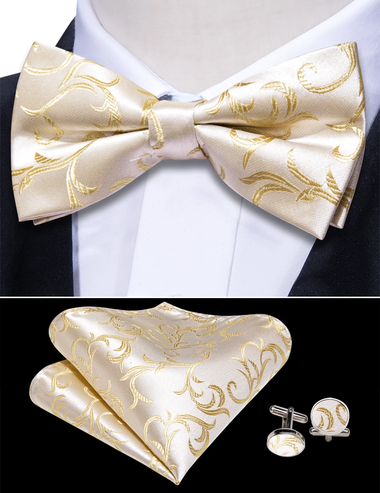 Elegant White Silk Men Cummerbund Set Designer Floral Bowtie Handkerchief Cufflinks Tuxedo Cummerbunds Wedding Party Barry.Wang