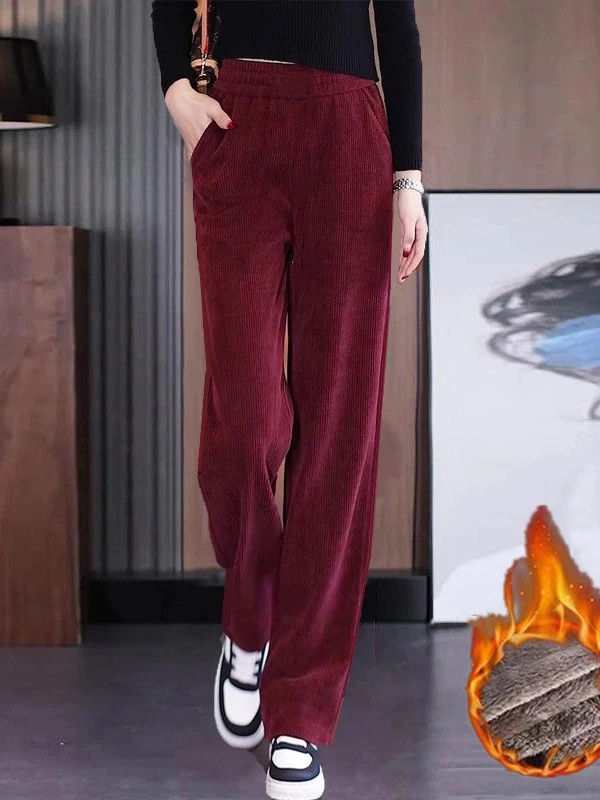 Fce gevoerde wijde pijpen broek voor dames Thiened warme casual broek hoge taille elastisch polyester rechte pijpen winter nieuw