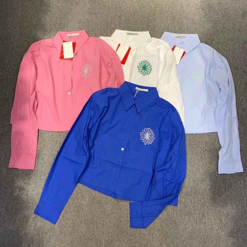 

Женская рубашка 2025 года, короткий укороченный топ с длинными рукавами и вышивкой ромашки, модный минималистичный стиль для повседневной прогулки и повседневной одежды