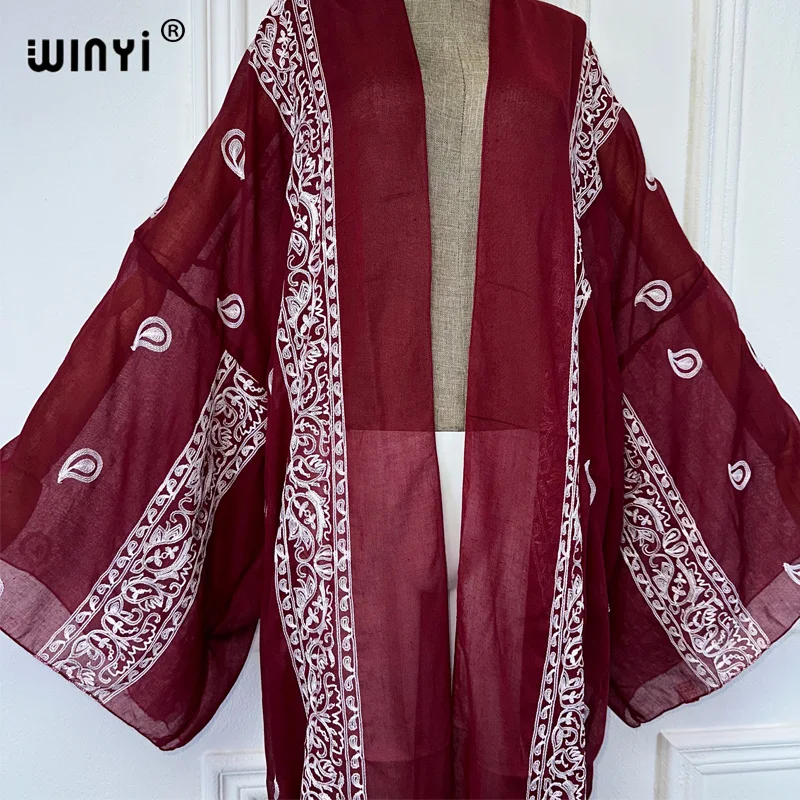 WINYI Embroidery Front cardigan Beach Cover Up Bohemian All-match Sexy comfortable perspective home coat Holiday Kimono dress