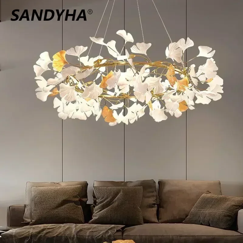 

SANDYHA Nordic Ginkgo Leaf Pendant Lights Acrylic Lampshade Design Hanging Chandelier Living Room Decor Dining Table Lighting