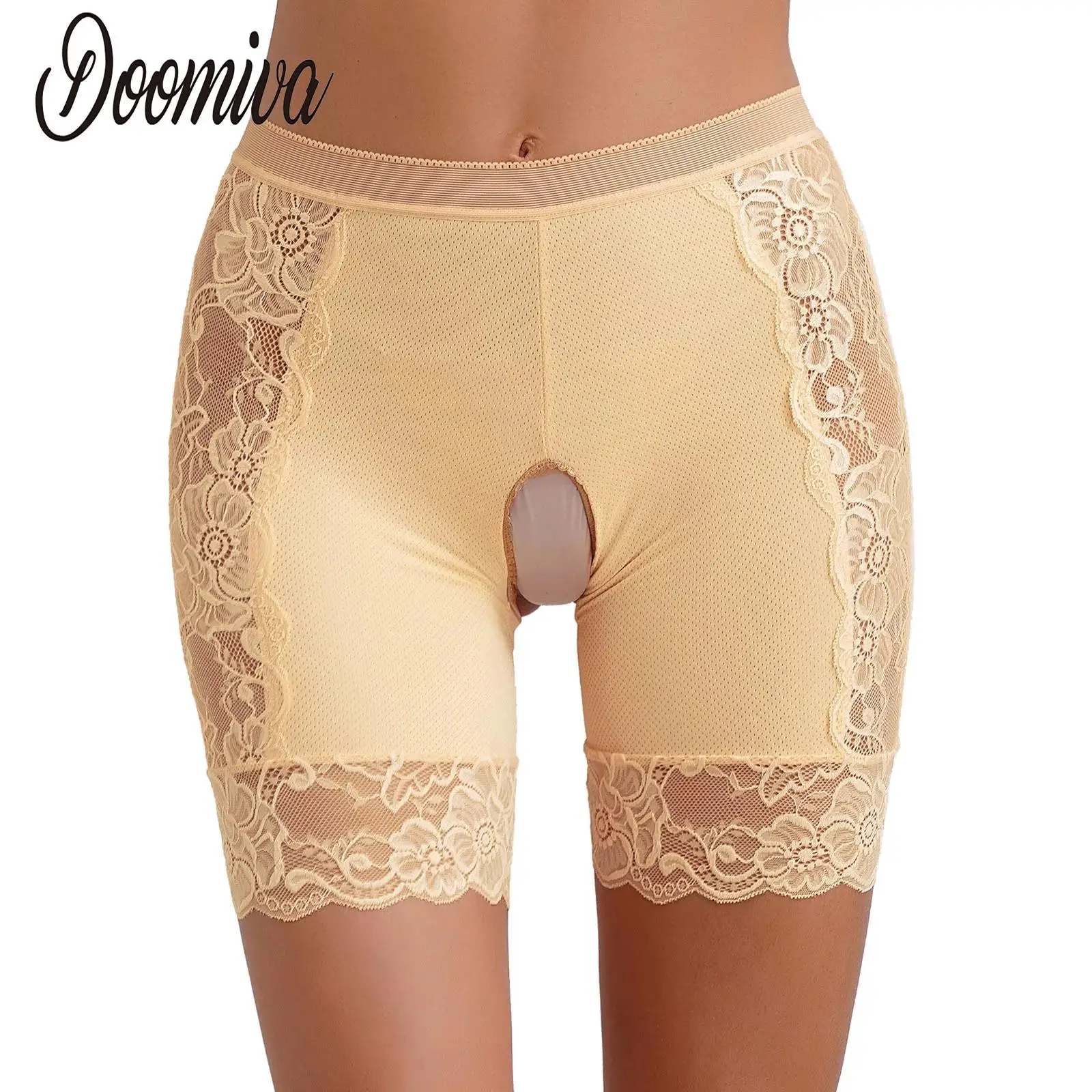 Women\'s Lace Trim Skinny Panties Open Crotch Underwear Lingerie Boxer Shorts Crotchless Undershorts Knickers Safety Shorts Solid