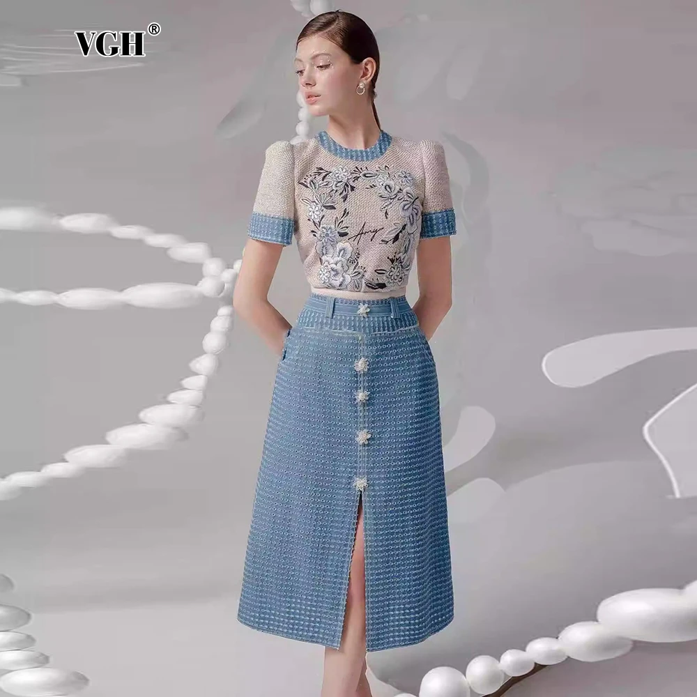 

VGH Embroidery Two Piece Sets For Women Round Collar Short Sleeve Tops High Waist Thigh Split Long Skirt Elegant Sets Female New