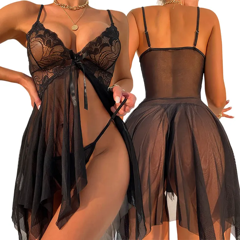 Sexy Nightgowns Set Slim Fit Split Bow Decoration Women's Dress Pajamas Fashion Soft Comfortable Sleeveless Home Wear Mini Skirt