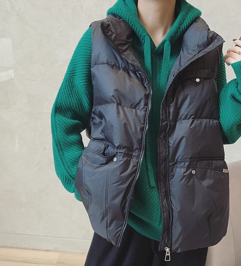 سترة نسائية بيضاء فاتحة للأسفل سترة نسائية قصيرة بدون أكمام كبيرة الحجم معطف سترات لخريف وشتاء 2025 سترة نسائية دافئة #4