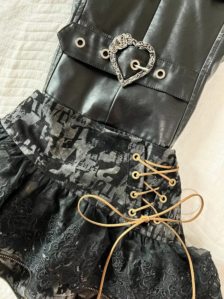 Punk Gothic Vintage Women 2 Piece Set Y2k Slim Hot Chick Skinny Tops + Short Skirt Aesthetic Sweet Hottie Streetwear New Outfits