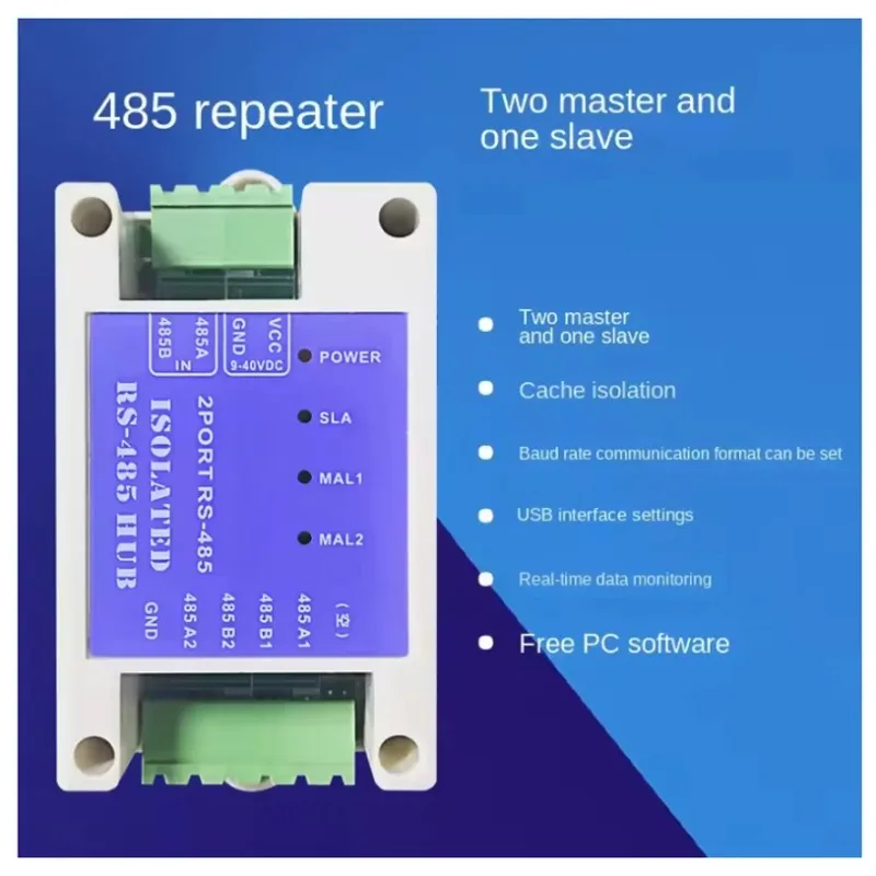Industrial Grade 2 Master 1 Slave RS485 Hub Repeater Photoelectric Isolation Modbus Data Buffer Module