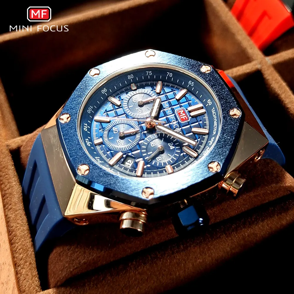 MINI FOCUS Watches Men Blue Silicone Strap Sport Watch Waterproof Luminous Chronograph Quartz Wristwatch часы мужские reloj 0417