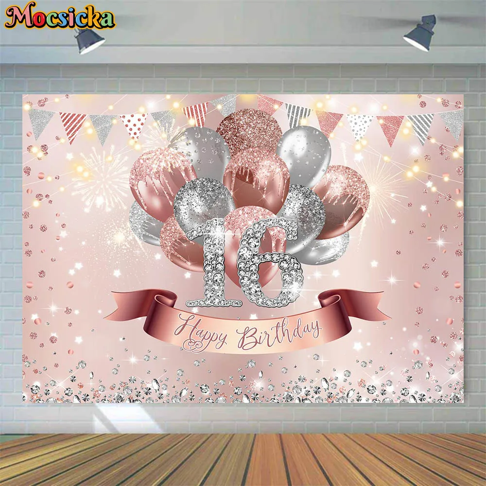 

Mocsicka 16th Happy Birthday Backdrop Pink and Silver Balloons Glitter Girl Sweet 16 Birthday Party Photo Background Decor Props