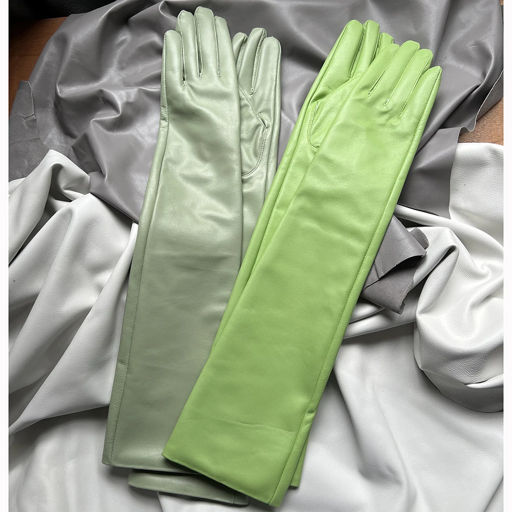Men's Long Green Leather Gloves Women's Real Sheepskin Gloves Top Layer Of Sheepskin Opera Gloves Lengthened Plus Size Driving