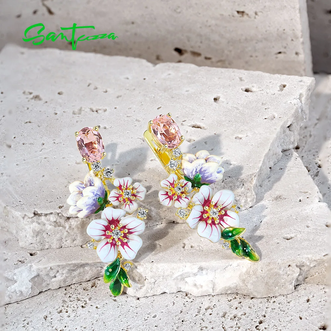 SANTUZZA Genuine 925 Sterling Silver Drop Earrings For Women Sparkling Colorful Flower Dangling Delicate Wedding Fine Jewelry