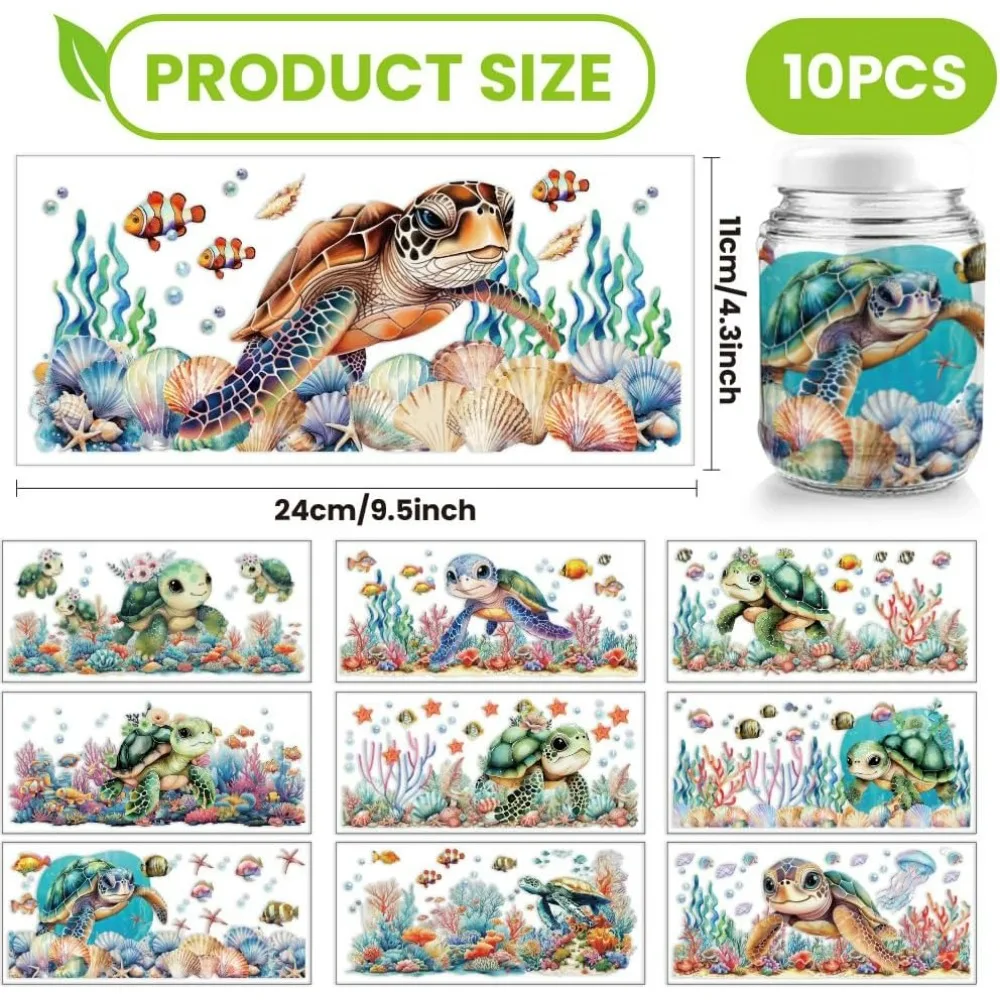 10 Sheets UV DTF Cup Wraps for 16 OZ Glass Cups 10 Styles Cartoon Sea Turtle Fish Seaweed Rub on Transfers PVC Transfer Stickers