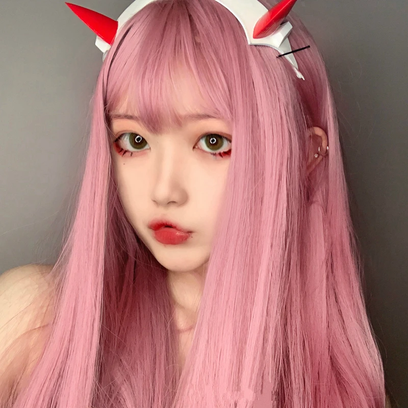 Perruque synthétique Harajuku Kawaii Lolita pour fille, cheveux longs et lisses, perruques de Costume de Cosplay + bonnet de perruque
